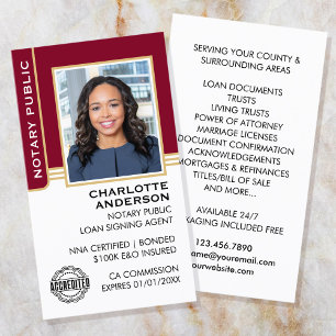 Notary Public Loan Signing Agent ID Burgundy Gold Business Card
