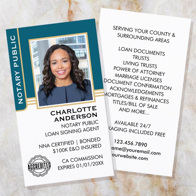 Notary Public Loan Signing Agent ID Teal Gold Business Card (Creator Uploaded)