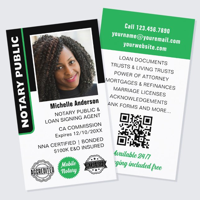 Notary Public Loan Signing Agent Photo ID Green Business Card (Creator Uploaded)