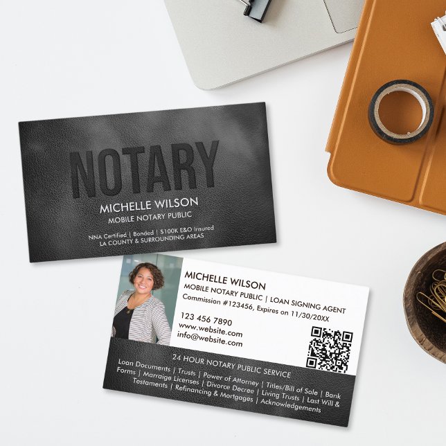  Notary Public Loan Signing Agent Photo QR Code Business Card (black  leather with embossed "notary" text business card)