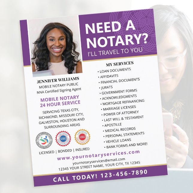 Notary Public Loan Signing Agent Purple Editable Flyer (Creator Uploaded)