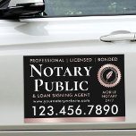 Notary Public Loan Signing Agent Rose Gold Black Car Magnet<br><div class="desc">Promote your business on trips and during events with this elegant 'Notary Public & Loan Signing Agent' car magnet. A stylish template personalised with your service information, telephone number, website and availability. This design features a quill feather writing pen inside a seal shaped symbol, but you can replace this with...</div>