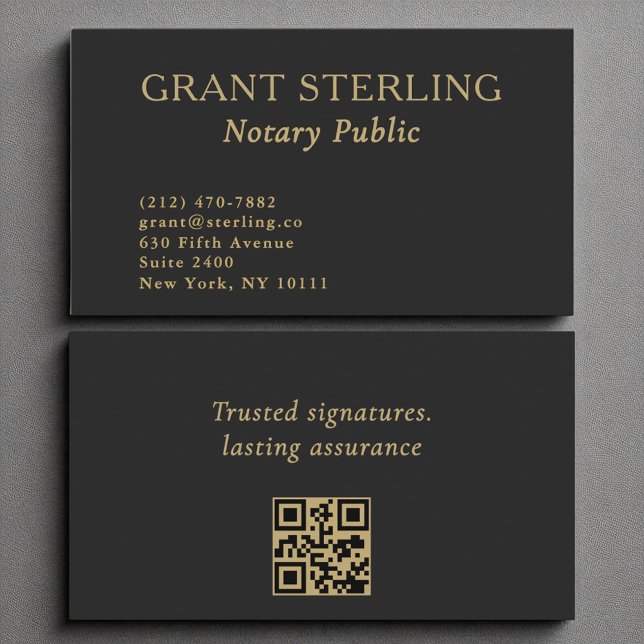 Notary Public Minimalist Black Gold QR Code  Business Card (Creator Uploaded)