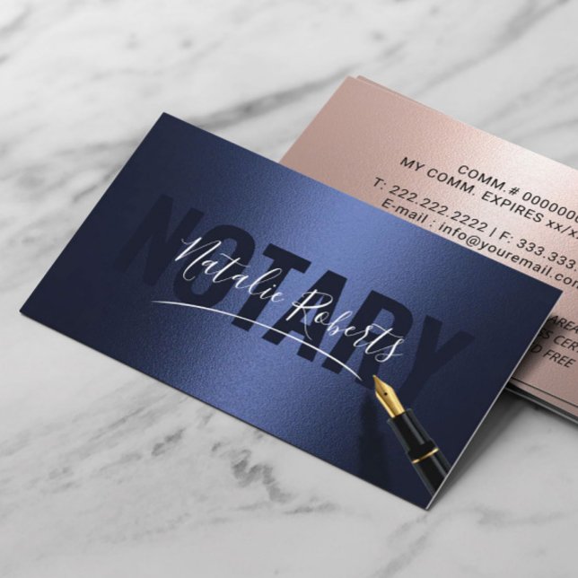 Notary Public Modern Signature Navy & Rose Gold Business Card (Creator Uploaded)