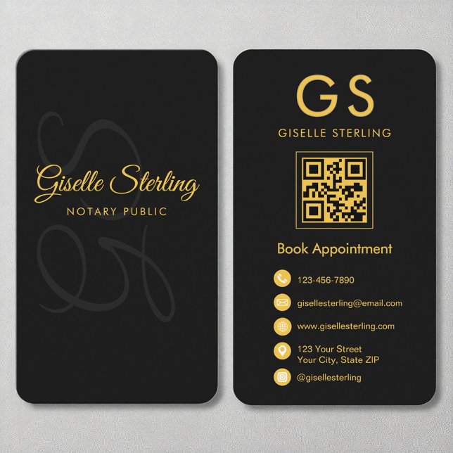 Notary Public Monogram Black Gold QR Code Business Card (Creator Uploaded)