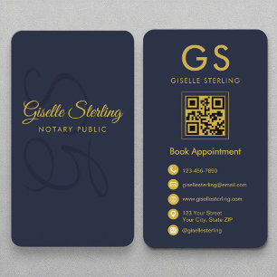 Notary Public Monogram Navy Blue Gold QR Code Business Card