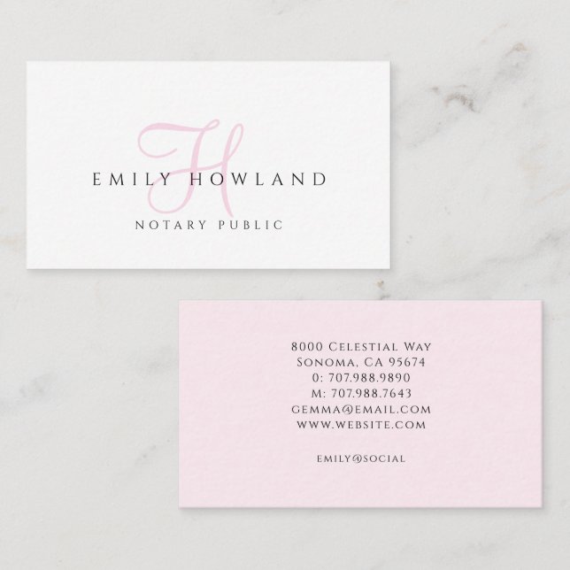 Notary Public Pink Script Monogram Name  Business Card (Front/Back)