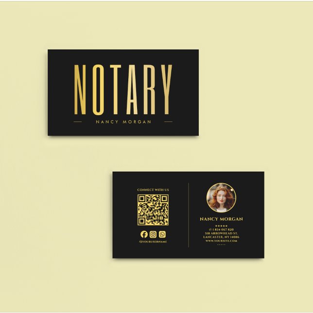 Notary Public Signing Agent Black Gold Photo  Business Card (Creator Uploaded)
