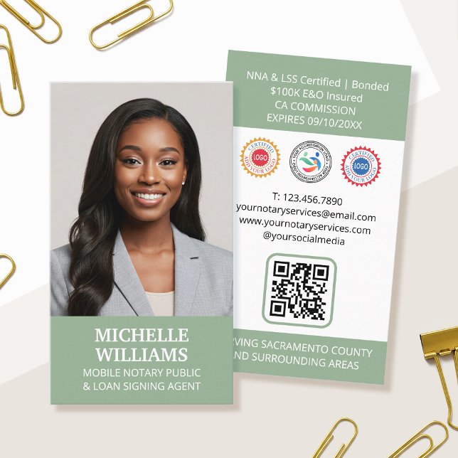 Notary Public Signing Agent Photo QR Code Green Business Card (Creator Uploaded)