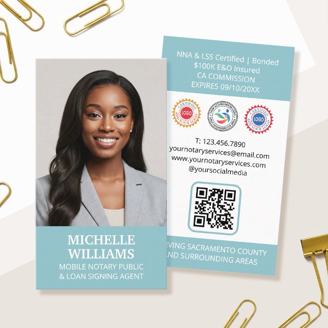 Notary Public Signing Agent Photo QR Turquoise Business Card (Creator Uploaded)