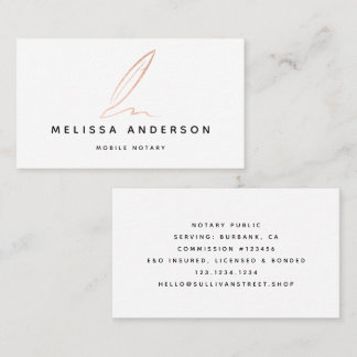 Notary Public Signing Agent Rose Gold Foil Quill  Business Card