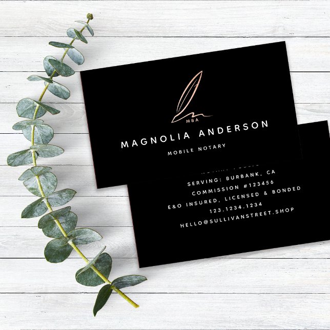 Notary Public Signing Agent Rose Gold Foil Quill Business Card (Creator Uploaded)