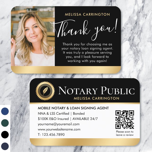 Notary Public Thank You Photo QR Code Black Gold Business Card (Creator Uploaded)
