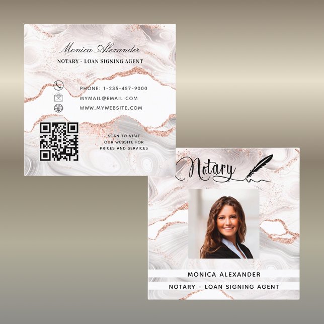 Notary rose gold photo QR code loan signing agent Square Business Card (Creator Uploaded)