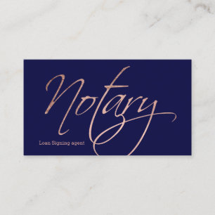 Notary script faux rose gold typography navy blue business card