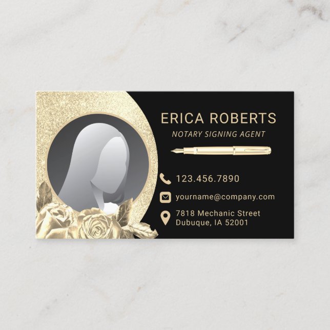 Notary Signing Agent Black & Gold Floral Photo Business Card (Front)