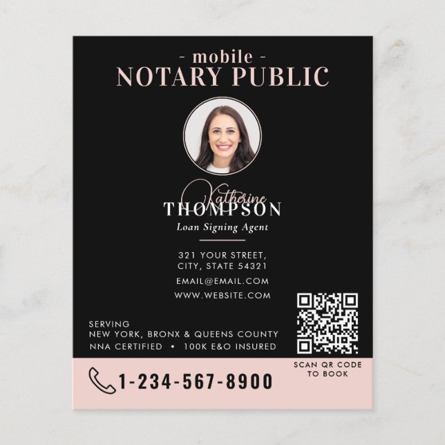 Notary Signing Agent Black Pink Photo QR Code Flyer (Front)
