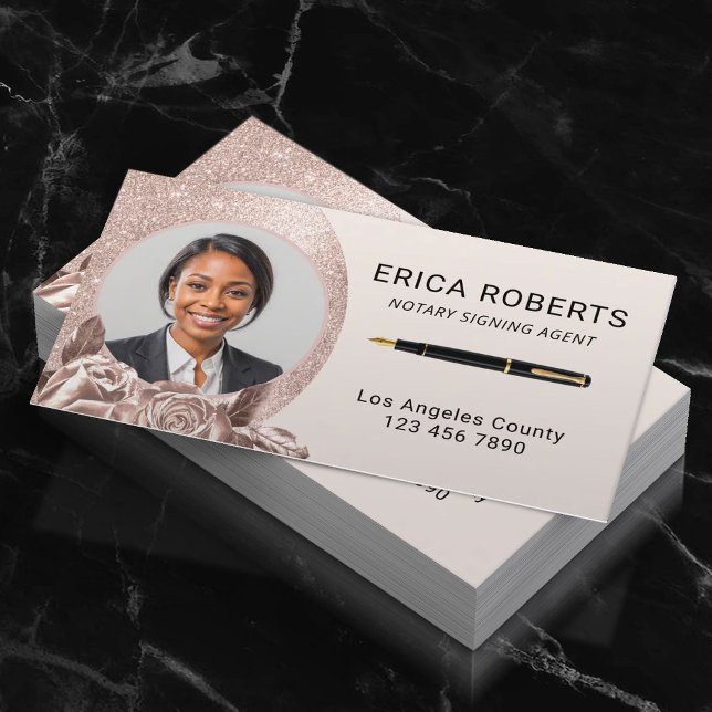 Notary Signing Agent Blush Rose Gold Floral Photo Business Card (Creator Uploaded)