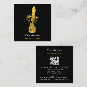 Notary Signing Agent Calligraphy Gold Floral Quill Square Business Card