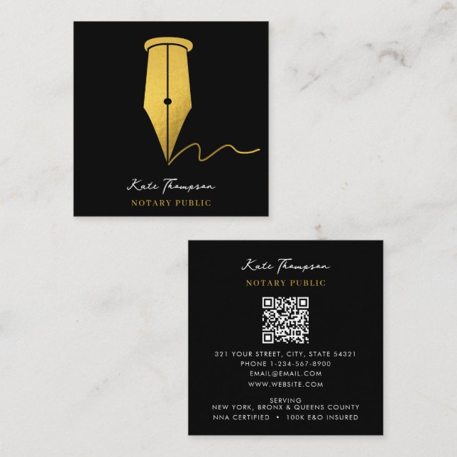 Notary Signing Agent Calligraphy QR Code Gold Square Business Card (Front/Back)