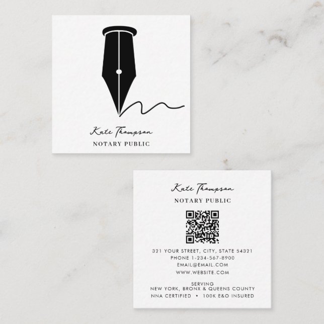Notary Signing Agent Calligraphy QR Code Square Business Card (Front/Back)