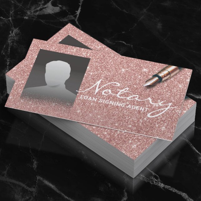 Notary Signing Agent Chic Rose Gold Glitter Photo Business Card (Creator Uploaded)