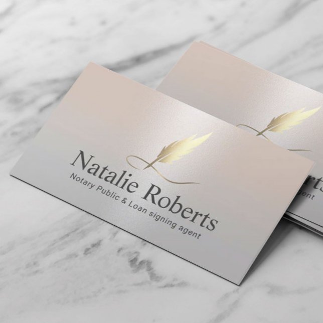 Notary Signing Agent Gold Quill Elegant Silver Business Card (Creator Uploaded)