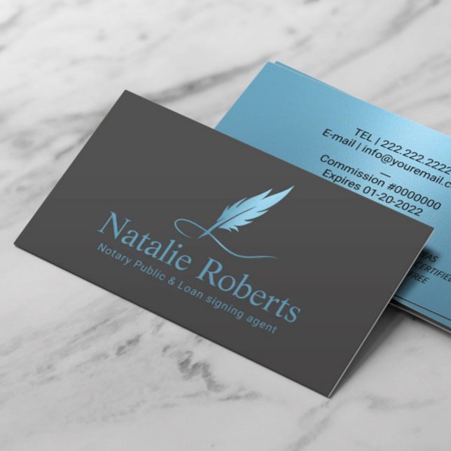 Notary Signing Agent Light Blue Quill Logo  Business Card (Creator Uploaded)