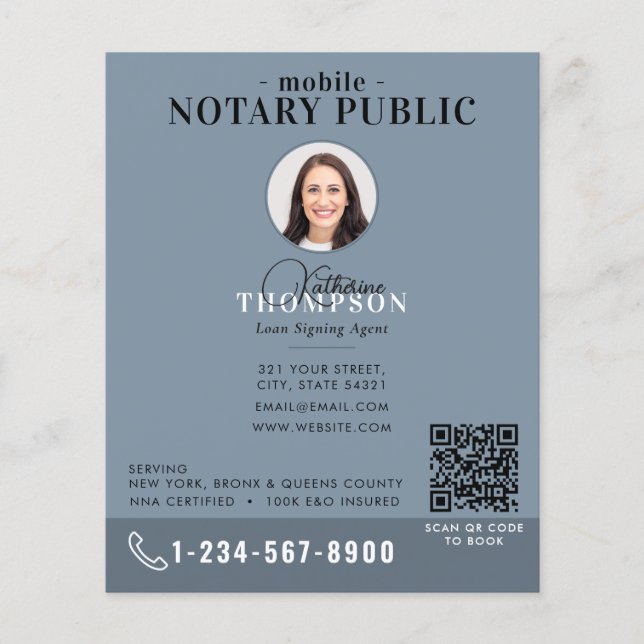 Notary Signing Agent Modern Blue Photo QR Code Flyer (Front)