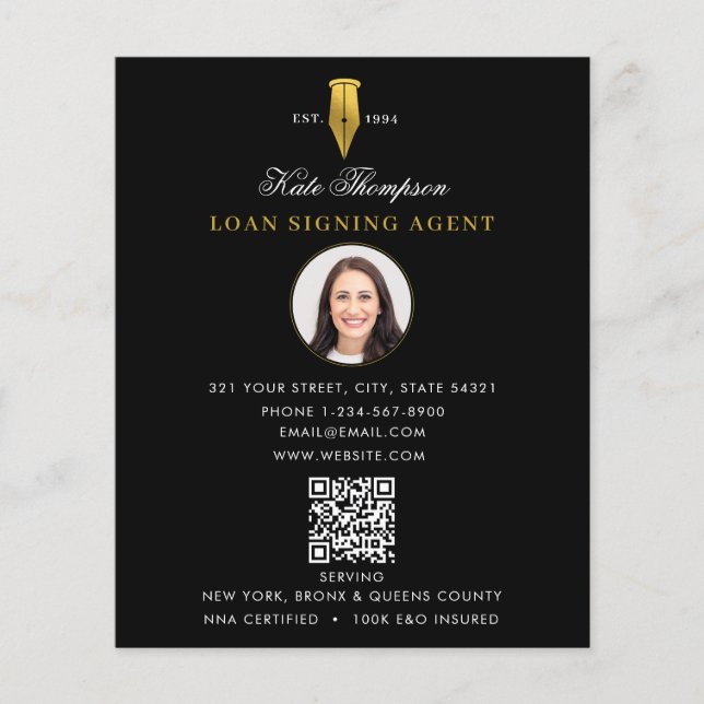 Notary Signing Agent  Modern Gold QR Code Photo Flyer (Front)