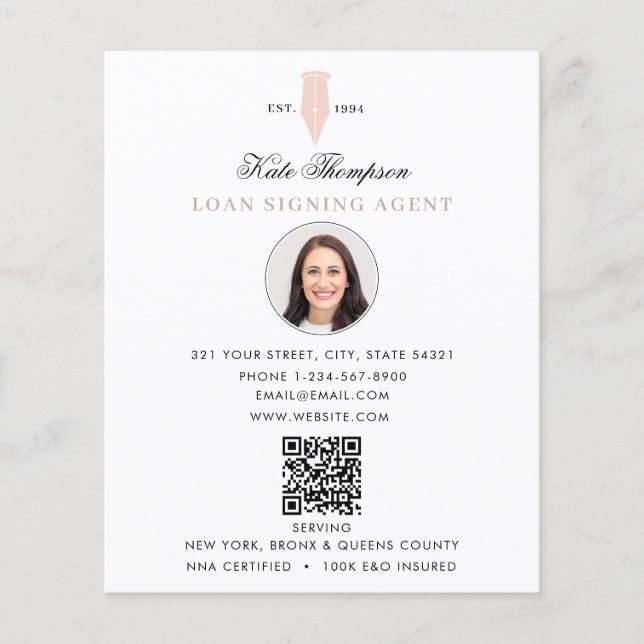 Notary Signing Agent  Modern Pink QR Code Photo Flyer (Front)