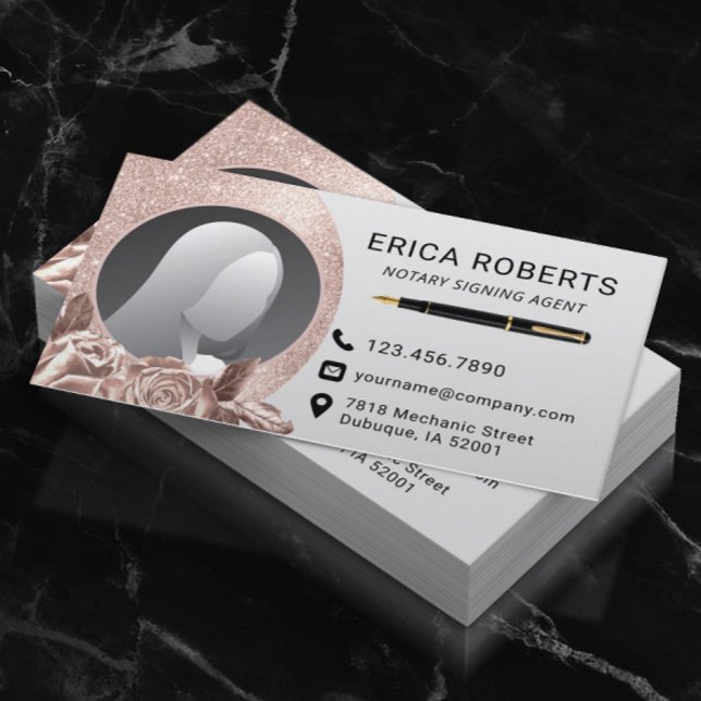 Notary Signing Agent Modern Rose Gold Floral Photo Business Card (Creator Uploaded)