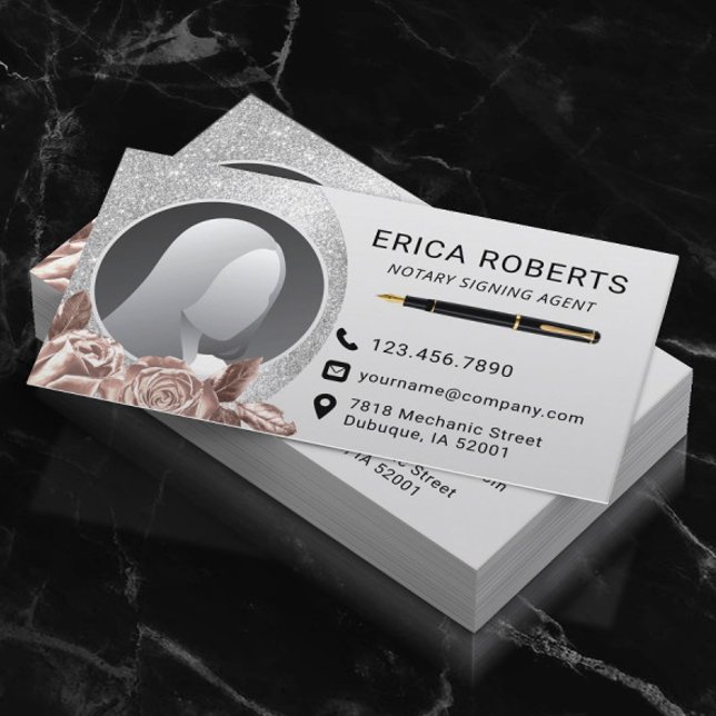 Notary Signing Agent Modern Silver Floral Photo Business Card (Creator Uploaded)