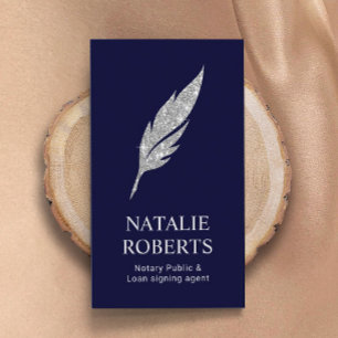 Notary Signing Agent Modern Silver Quill Logo Navy Business Card