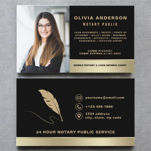 Notary Signing Agent Photo Black & Gold Business Card