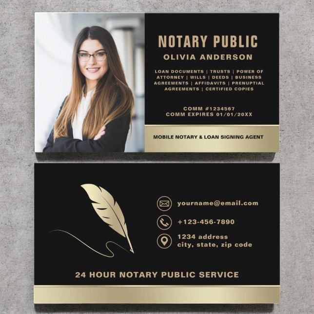 Notary Signing Agent Photo Black & Gold Business Card (Creator Uploaded)