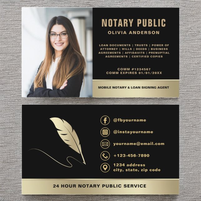 Notary Signing Agent Photo Black & Gold Business Card (Creator Uploaded)