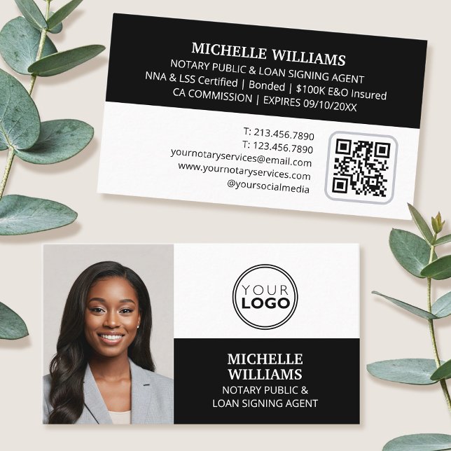 Notary Signing Agent Photo Logo QR Code Black Business Card (Creator Uploaded)