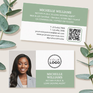 Notary Signing Agent Photo Logo QR Code Green Business Card