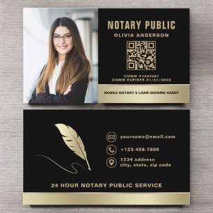 Notary Signing Agent QR Code Photo Black & Gold Business Card