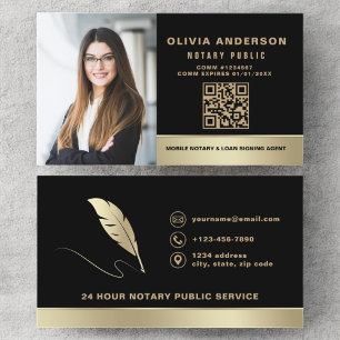 Notary Signing Agent QR Code Photo Black & Gold Business Card