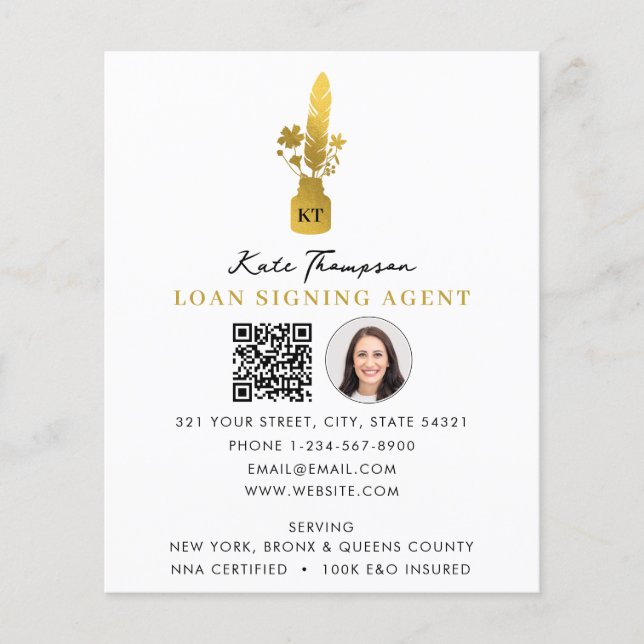 Notary Signing Agent QR Code Photo Botanical Quill Flyer (Front)