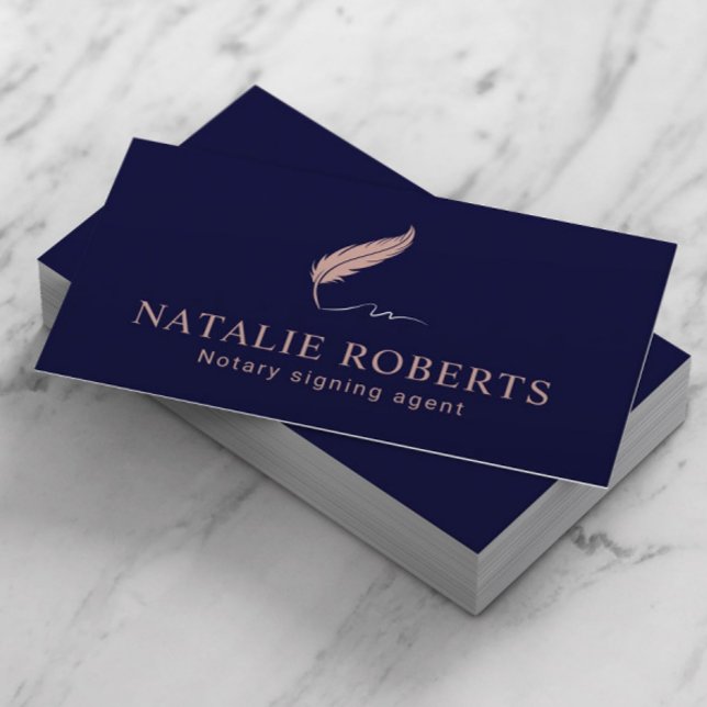 Notary Signing Agent Quill Logo Navy & Rose Gold Business Card (Creator Uploaded)