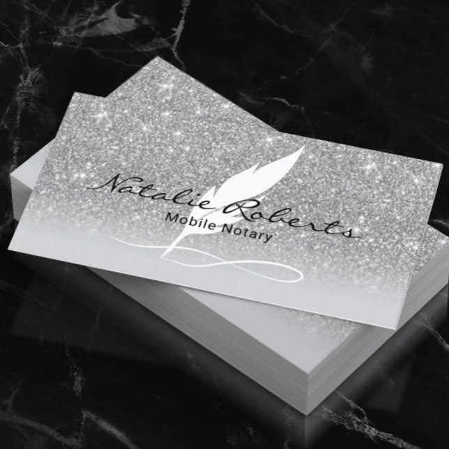 Notary Signing Agent Quill Pen Silver Glitter Business Card (Creator Uploaded)