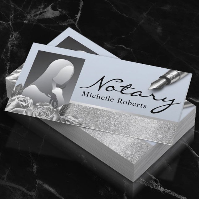 Notary Signing Agent Silver Floral Blue Photo Business Card (Creator Uploaded)