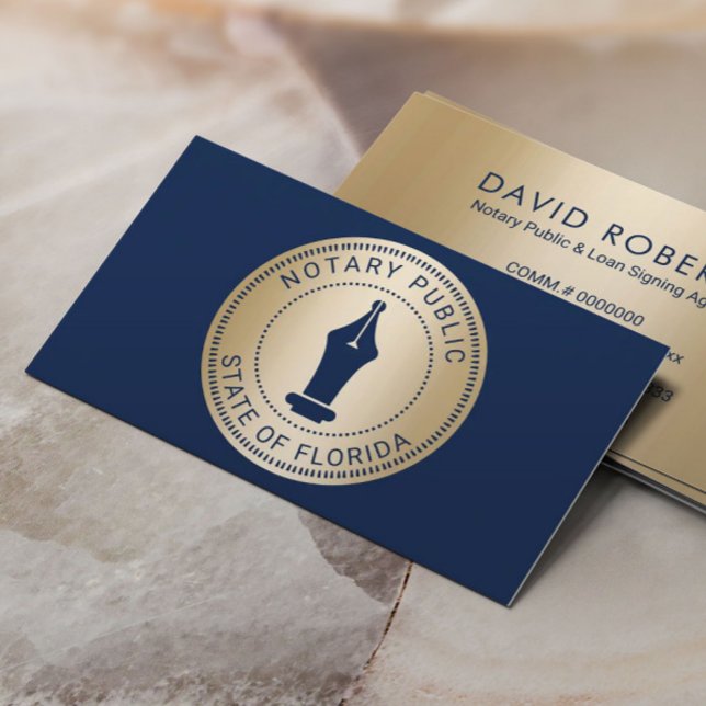 Notary Stamp Loan Signing Agent Navy & Gold Business Card (Creator Uploaded)
