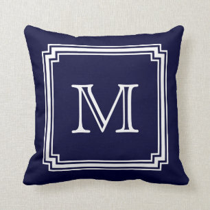Notched Corner Frame Navy Blue Background Monogram Cushion