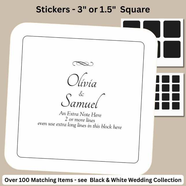 Note + Bride Groom Names Black White Infinity  Square Sticker (Creator Uploaded)