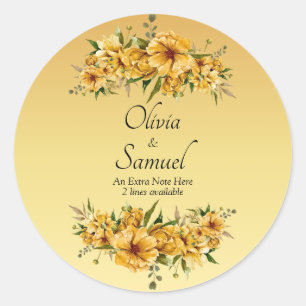 Note + Bride & Groom Names Golden Yellow Flowers Classic Round Sticker