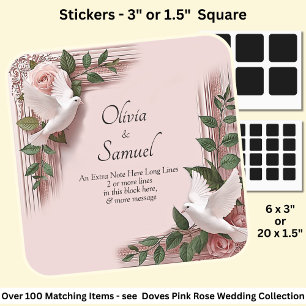 Note, Bride Groom Names Pink Roses & Doves Wedding Square Sticker